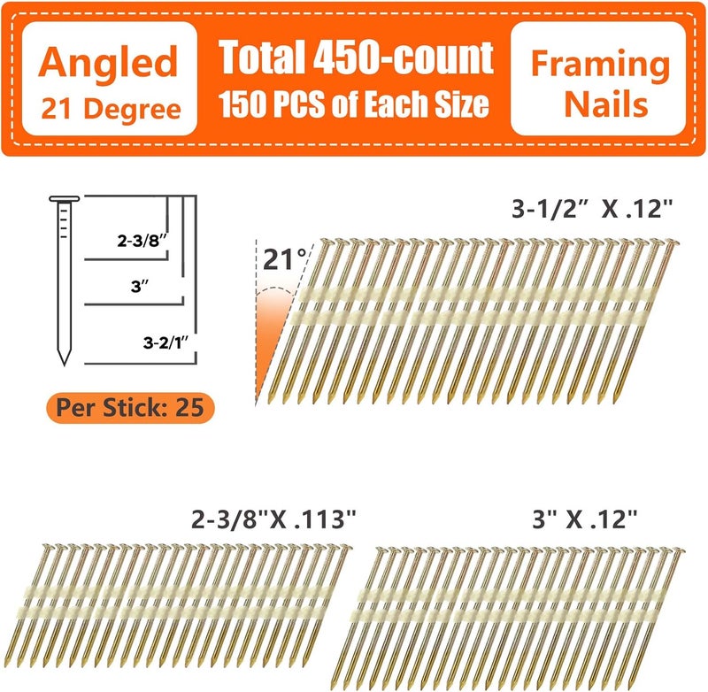 SITLDY Framing Nails 21 Degree 3 SIZES (3-1/2"+3.0"+ 2-3/8", 150 per Size) Full Round Head EG Smooth Shank, 450 Count Assorted Size, for Pneumatic, Electric 20 to 22 Degree Framing Nailer - Image 3